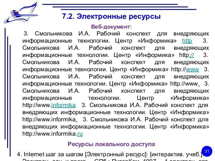 7.2. Электронные ресурсы Веб-документ: 3. Смольникова И.А. Рабочий конспект для внедряющих