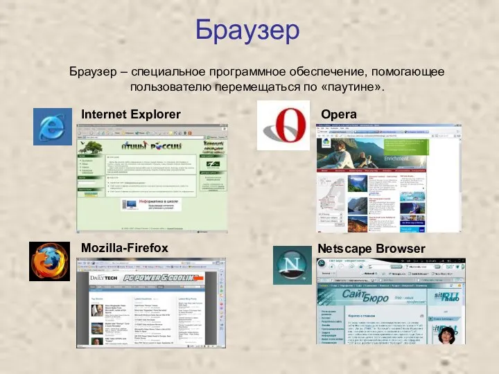 Браузер Internet Explorer Opera Mozilla-Firefox Netscape Browser Браузер – специальное программное