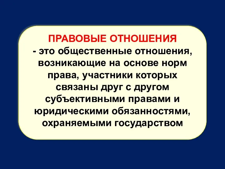 ПРАВОВЫЕ ОТНОШЕНИЯ - это общественные отношения, возникающие на основе норм права,