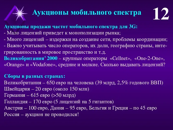 Аукционы продажи частот мобильного спектра для 3G: - Мало лицензий приведет