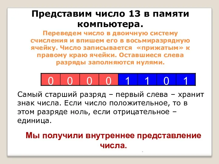 * Представим число 13 в памяти компьютера. Переведем число в двоичную