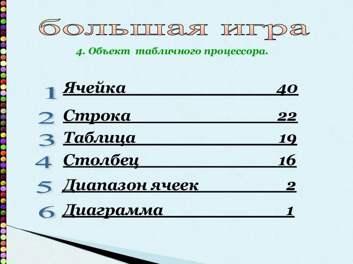 большая игра 1 2 3 4 5 6 Ячейка 40 Строка