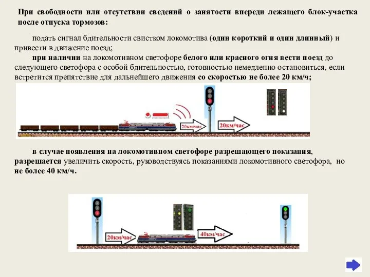 При свободности или отсутствии сведений о занятости впереди лежащего блок-участка после