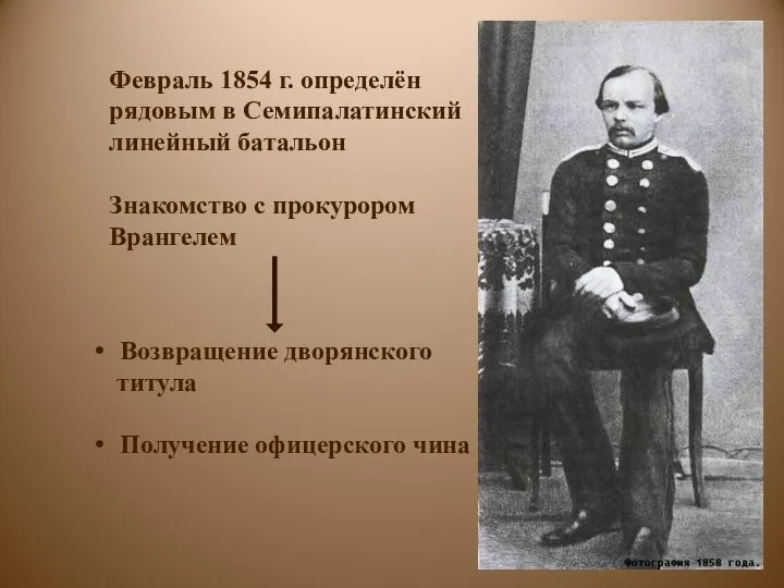 Февраль 1854 г. определён рядовым в Семипалатинский линейный батальон Знакомство с