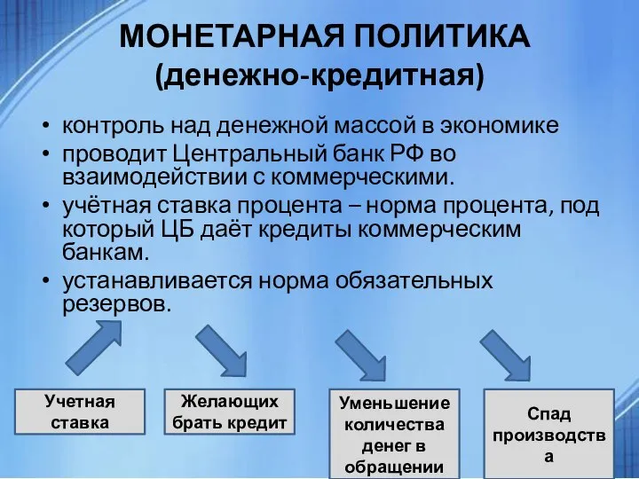 МОНЕТАРНАЯ ПОЛИТИКА (денежно-кредитная) контроль над денежной массой в экономике проводит Центральный