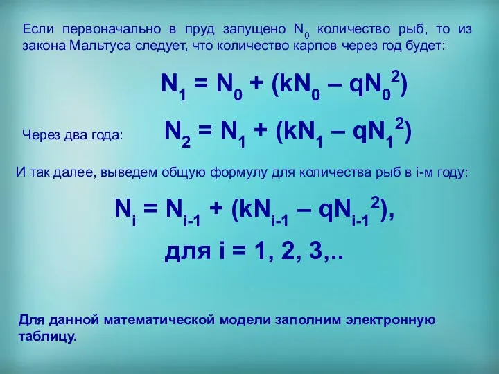 Если первоначально в пруд запущено N0 количество рыб, то из закона