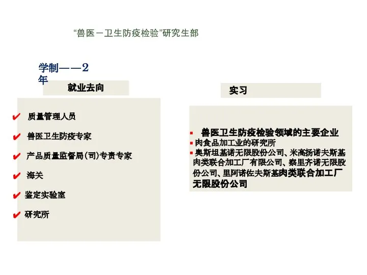 “兽医－卫生防疫检验”研究生部 质量管理人员 兽医卫生防疫专家 产品质量监督局（司）专责专家 海关 鉴定实验室 研究所 实习 兽医卫生防疫检验领域的主要企业 肉食品加工业的研究所 奥斯坦基诺无限股份公司、米高扬诺夫斯基肉类联合加工厂有限公司、 察里齐诺无限股份公司、里阿诺佐夫斯基肉类联合加工厂无限股份公司 就业去向 学制——2年