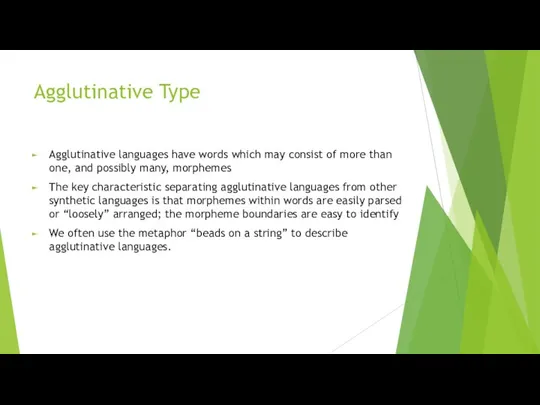 Agglutinative Type Agglutinative languages have words which may consist of more