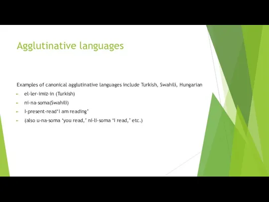 Agglutinative languages Examples of canonical agglutinative languages include Turkish, Swahili, Hungarian