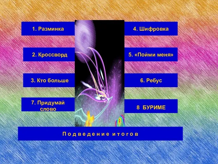 1. Разминка 2. Кроссворд 3. Кто больше 4. Шифровка 6. Ребус