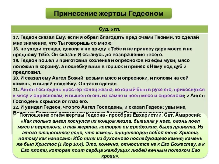 Принесение жертвы Гедеоном Поглощение огнём жертвы Гедеона - прообраз Евхаристии. Свт.