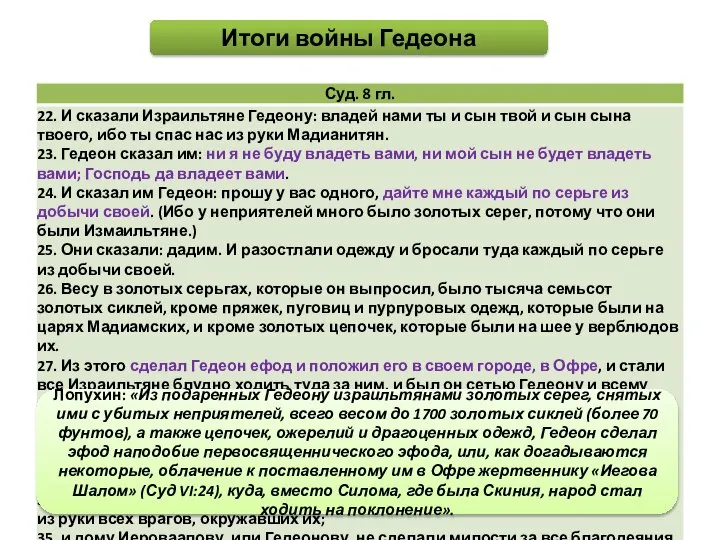 Итоги войны Гедеона Лопухин: «Из подаренных Гедеону израильтянами золотых серег, снятых