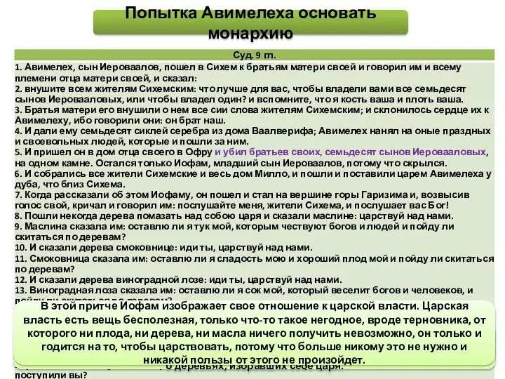 Попытка Авимелеха основать монархию Гнусный поступок сихемлян относительно потомков Гедеона и