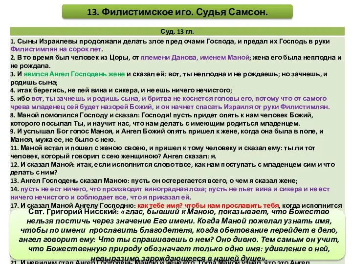 13. Филистимское иго. Судья Самсон. Свт. Григорий Нисский: «глас, бывший к