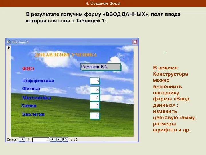 4. Создание форм В результате получим форму «ВВОД ДАННЫХ», поля ввода