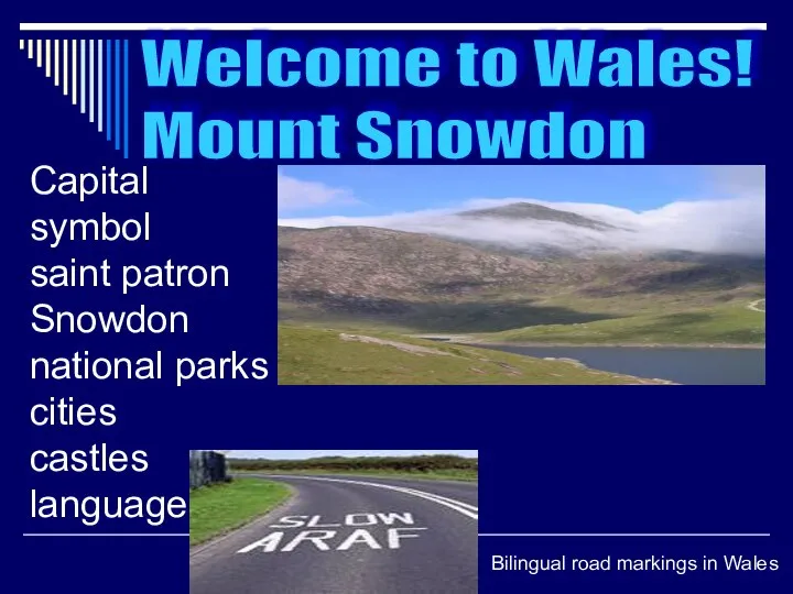 Capital symbol saint patron Snowdon national parks cities castles language Welcome