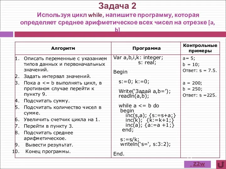 Задача 2 Используя цикл while, напишите программу, которая определяет среднее арифметическое