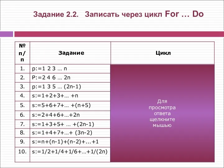 Задание 2.2. Записать через цикл For … Do Для просмотра ответа щелкните мышью