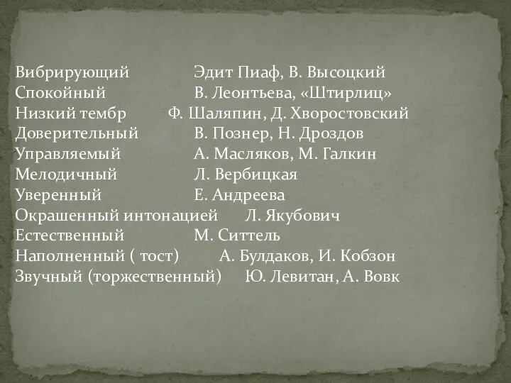 Вибрирующий Эдит Пиаф, В. Высоцкий Спокойный В. Леонтьева, «Штирлиц» Низкий тембр