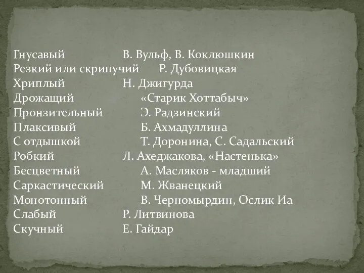 Гнусавый В. Вульф, В. Коклюшкин Резкий или скрипучий Р. Дубовицкая Хриплый