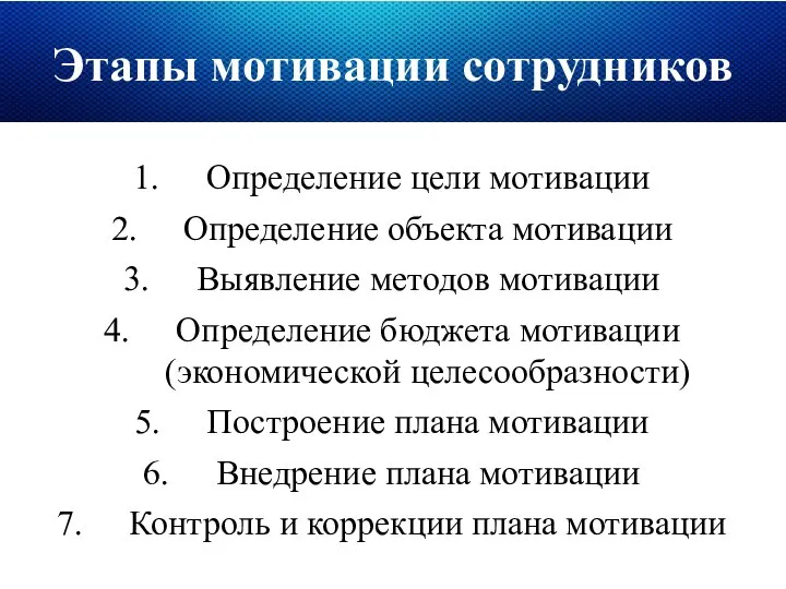 Этапы мотивации сотрудников Определение цели мотивации Определение объекта мотивации Выявление методов