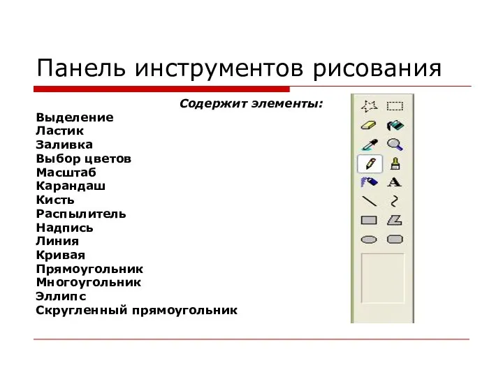 Панель инструментов рисования Содержит элементы: Выделение Ластик Заливка Выбор цветов Масштаб