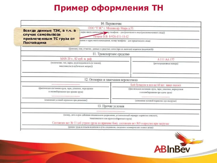 Пример оформления ТН Всегда данные ТЭК, в т.ч. в случае самовывоза привлеченным ТС груза от Поставщика