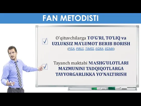 FAN METODISTI Tayanch maktabi МАSHG‘ULOTLARI MAZMUNINI TADQIQOTLARGA TAYYORGARLIKKA YO‘NALTIRISH O‘qituvchilarga ТO‘G‘RI,