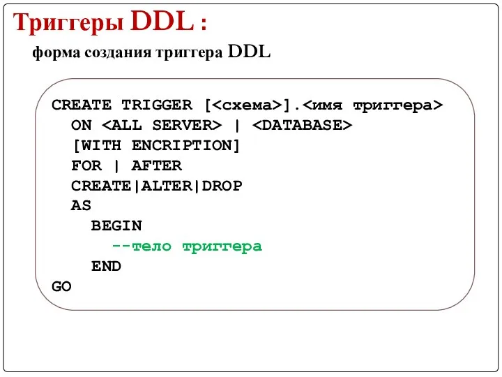 форма создания триггера DDL CREATE TRIGGER [ ]. ON | [WITH