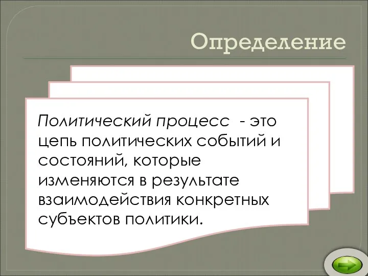 Определение Политический процесс - это цепь политических событий и состояний, которые