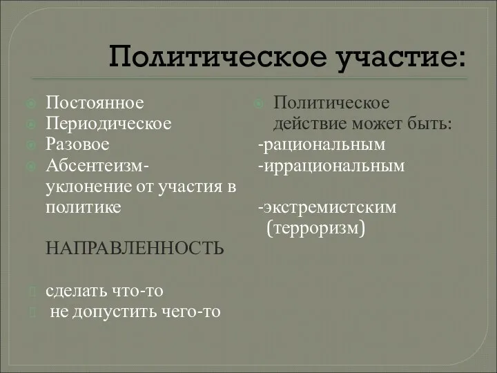 Политическое участие: Постоянное Периодическое Разовое Абсентеизм- уклонение от участия в политике