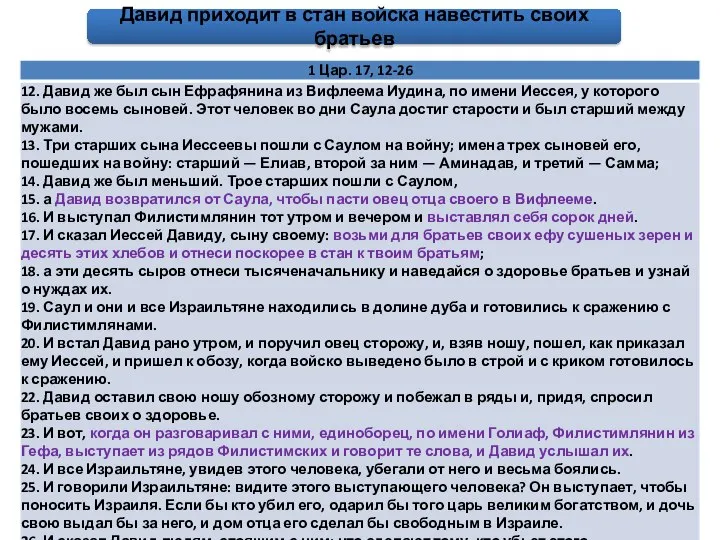 Давид приходит в стан войска навестить своих братьев