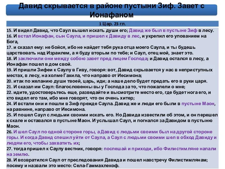 Давид скрывается в районе пустыни Зиф. Завет с Ионафаном