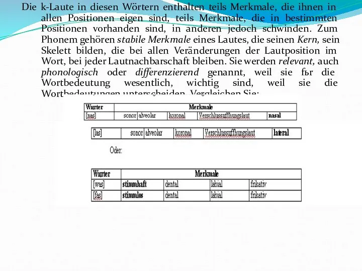 Die k-Laute in diesen Wörtern enthalten teils Merkmale, die ihnen in