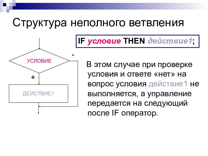 Структура неполного ветвления В этом случае при проверке условия и ответе