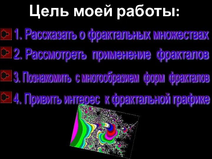 Цель моей работы: 4. Привить интерес к фрактальной графике 1. Рассказать