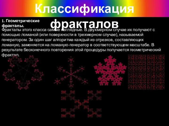 Классификация фракталов 1. Геометрические фракталы. Фракталы этого класса самые наглядные. В