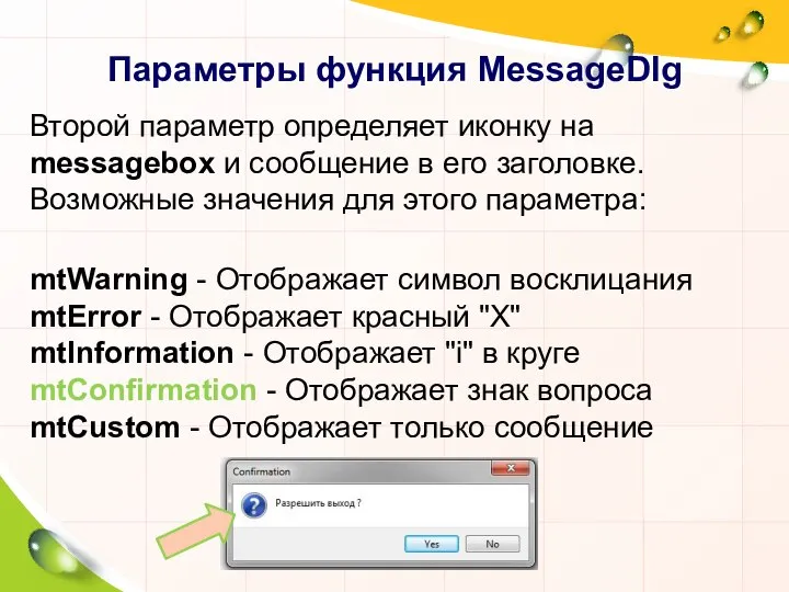 Параметры функция MessageDlg Второй параметр определяет иконку на messagebox и сообщение