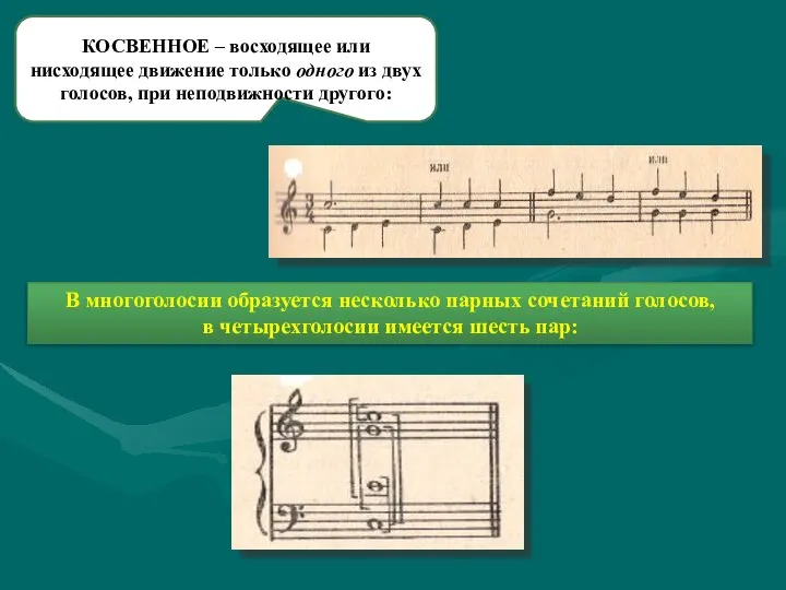 КОСВЕННОЕ – восходящее или нисходящее движение только одного из двух голосов,