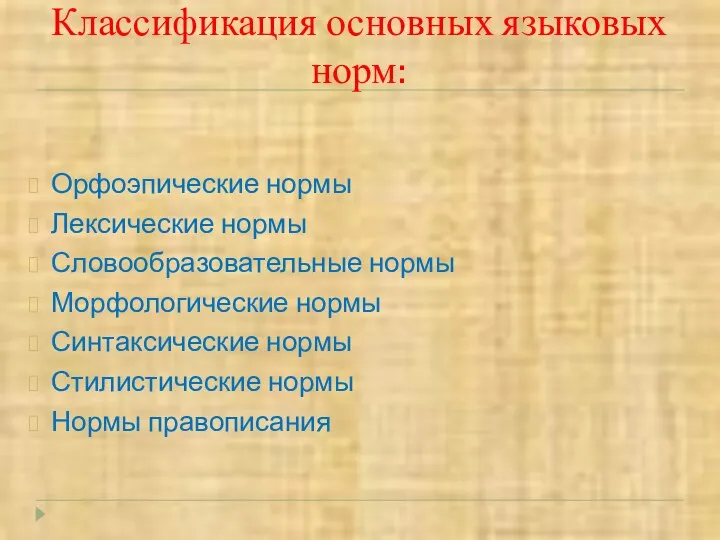 Орфоэпические нормы Лексические нормы Словообразовательные нормы Морфологические нормы Синтаксические нормы Стилистические