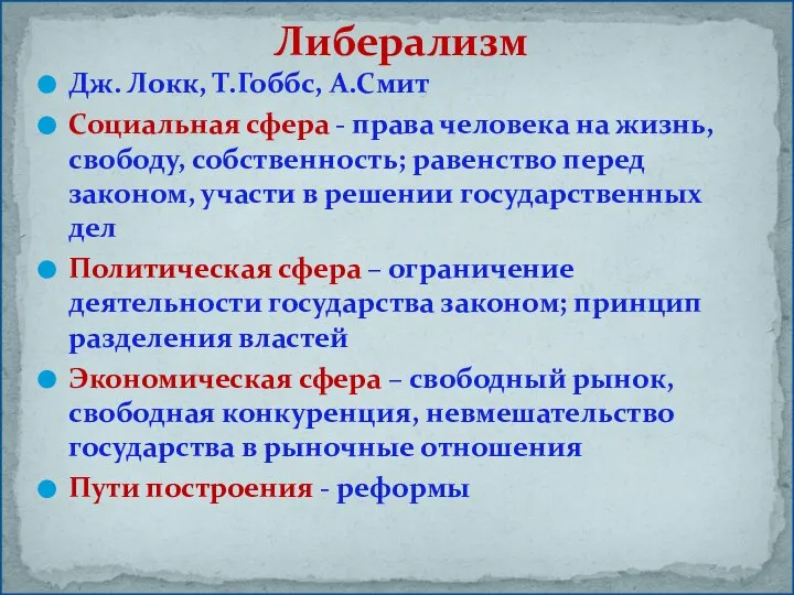 Дж. Локк, Т.Гоббс, А.Смит Социальная сфера - права человека на жизнь,