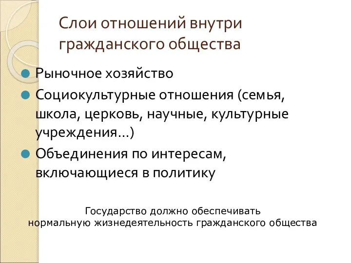 Слои отношений внутри гражданского общества Рыночное хозяйство Социокультурные отношения (семья, школа,