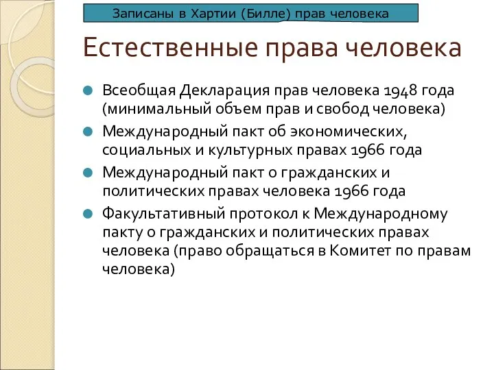 Естественные права человека Всеобщая Декларация прав человека 1948 года (минимальный объем