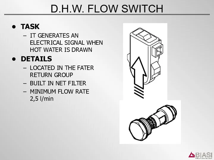 D.H.W. FLOW SWITCH TASK IT GENERATES AN ELECTRICAL SIGNAL WHEN HOT