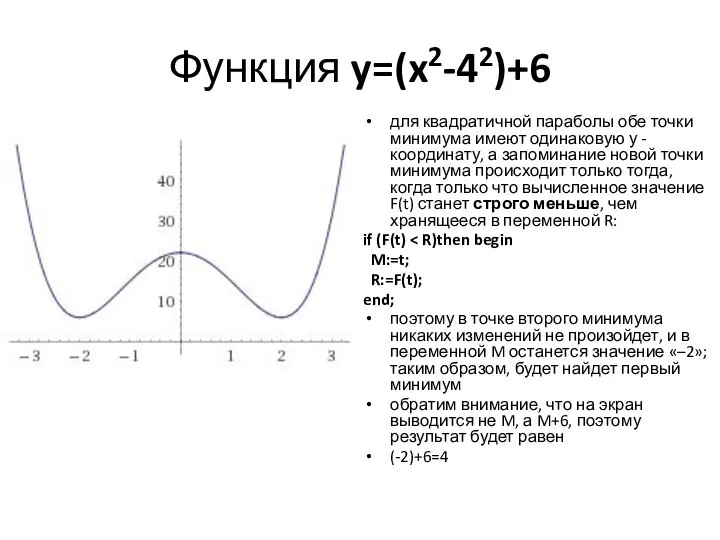 Функция y=(x2-42)+6 для квадратичной параболы обе точки минимума имеют одинаковую у