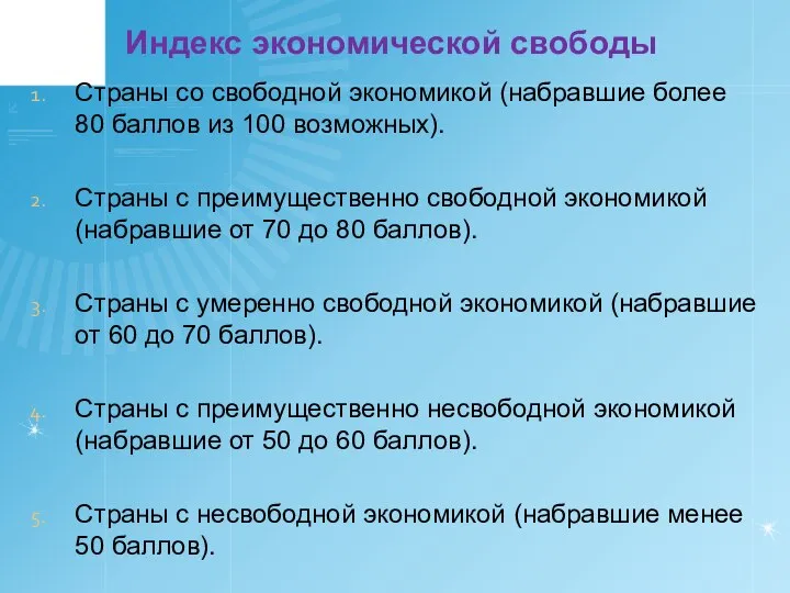 Индекс экономической свободы Страны со свободной экономикой (набравшие более 80 баллов