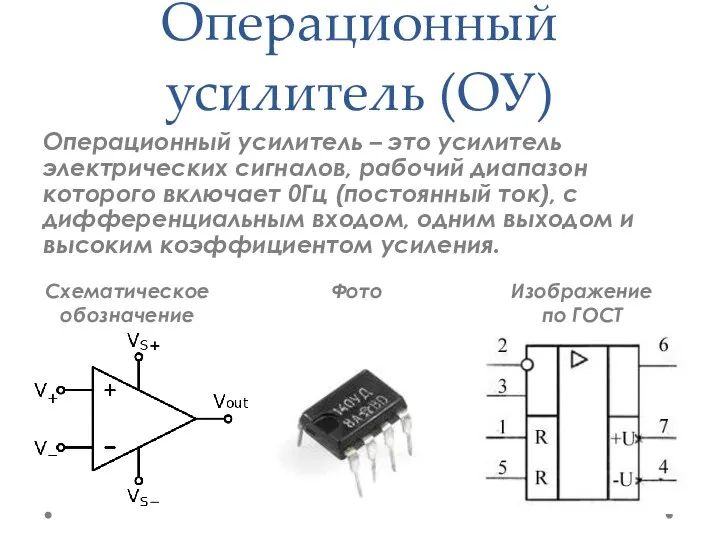 Операционный усилитель (ОУ) Операционный усилитель – это усилитель электрических сигналов, рабочий