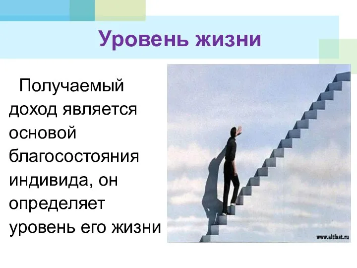 Уровень жизни Получаемый доход является основой благосостояния индивида, он определяет уровень его жизни