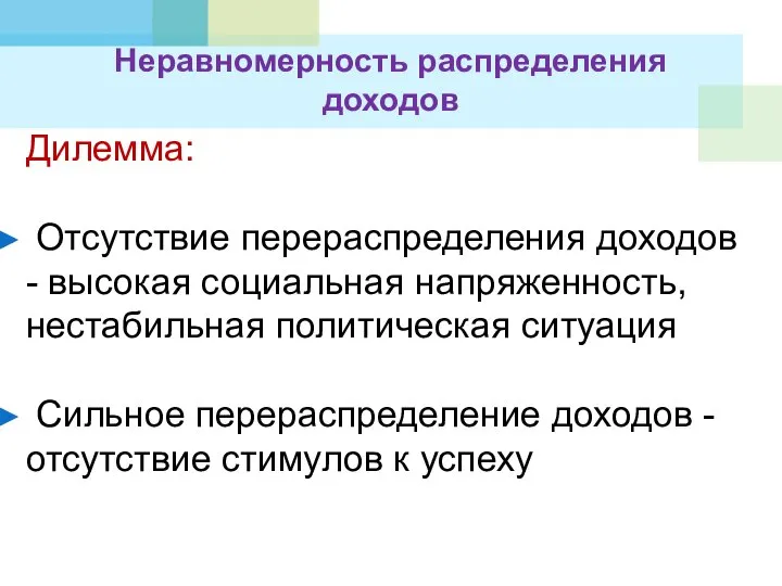 Неравномерность распределения доходов Дилемма: Отсутствие перераспределения доходов - высокая социальная напряженность,