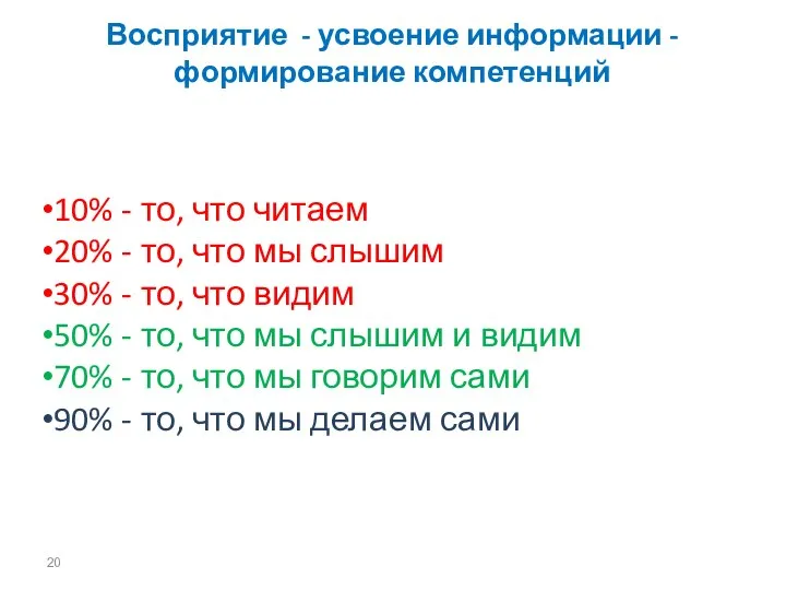 Восприятие - усвоение информации - формирование компетенций 10% - то, что